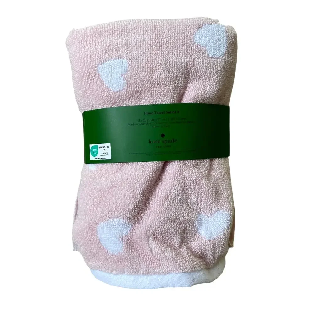 KATE SPADE Cotton Hand Towels Set of 2 Ballet Pink & White Hearts 18X28 NEW